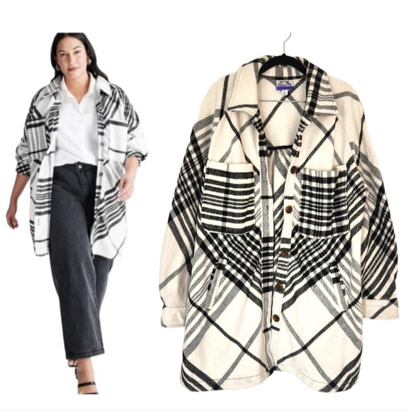 FUTURE COLLECTIVE x Kahlana Barfield Brown Wool Blend Plaid Shacket size Large - Picture 1 of 8